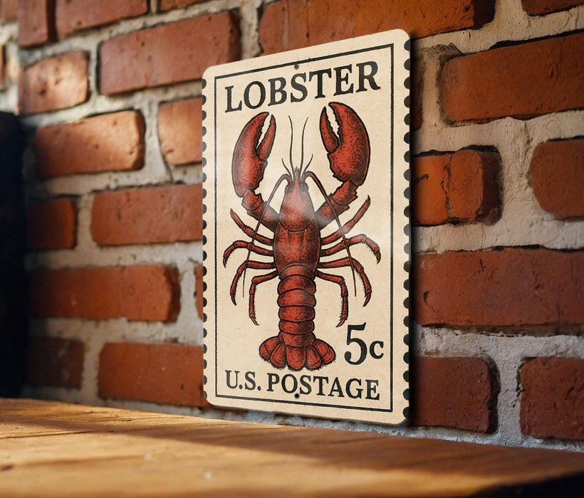 A wooden table with a lobster stamp on it, which is mounted on a brick wall.