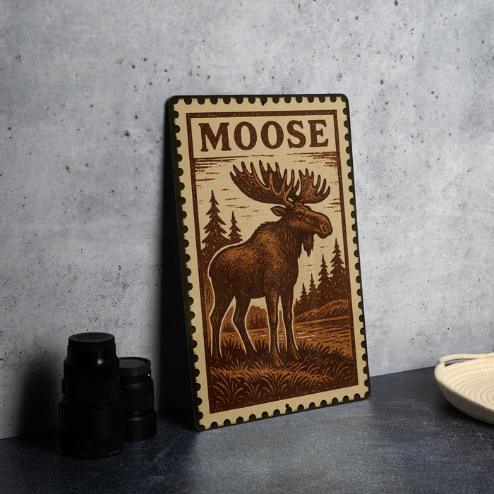A wooden sign featuring a moose illustration is displayed on a table.