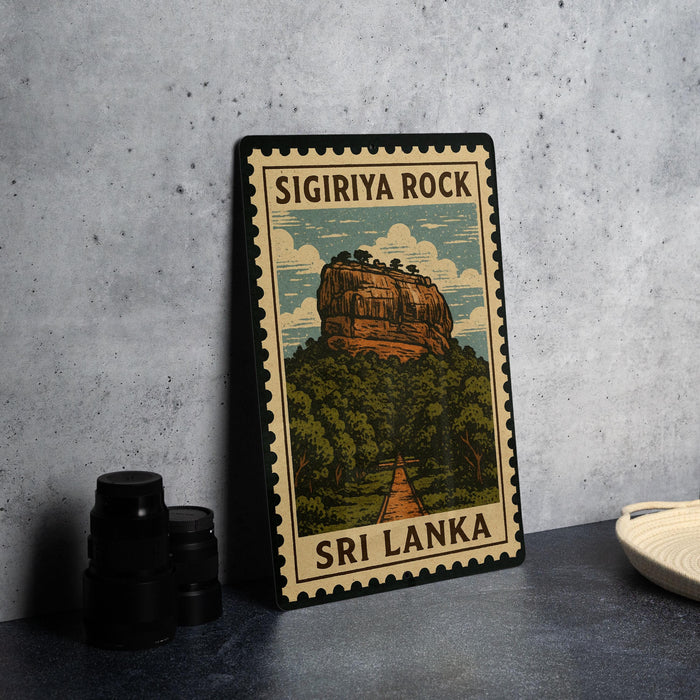 A framed illustration of Sigiriya Rock, a famous landmark in Sri Lanka, is displayed on a table.