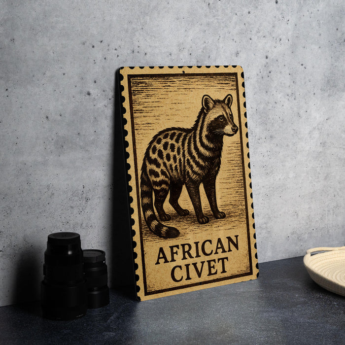 a wooden sign with an illustration of an African civet, which is a type of primate.