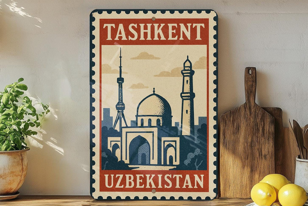 A vintage-style metal sign with the text "Tashkent Uzbekistan" and an illustration of a mosque, placed on a shelf next to a wooden cutting board and a potted plant.