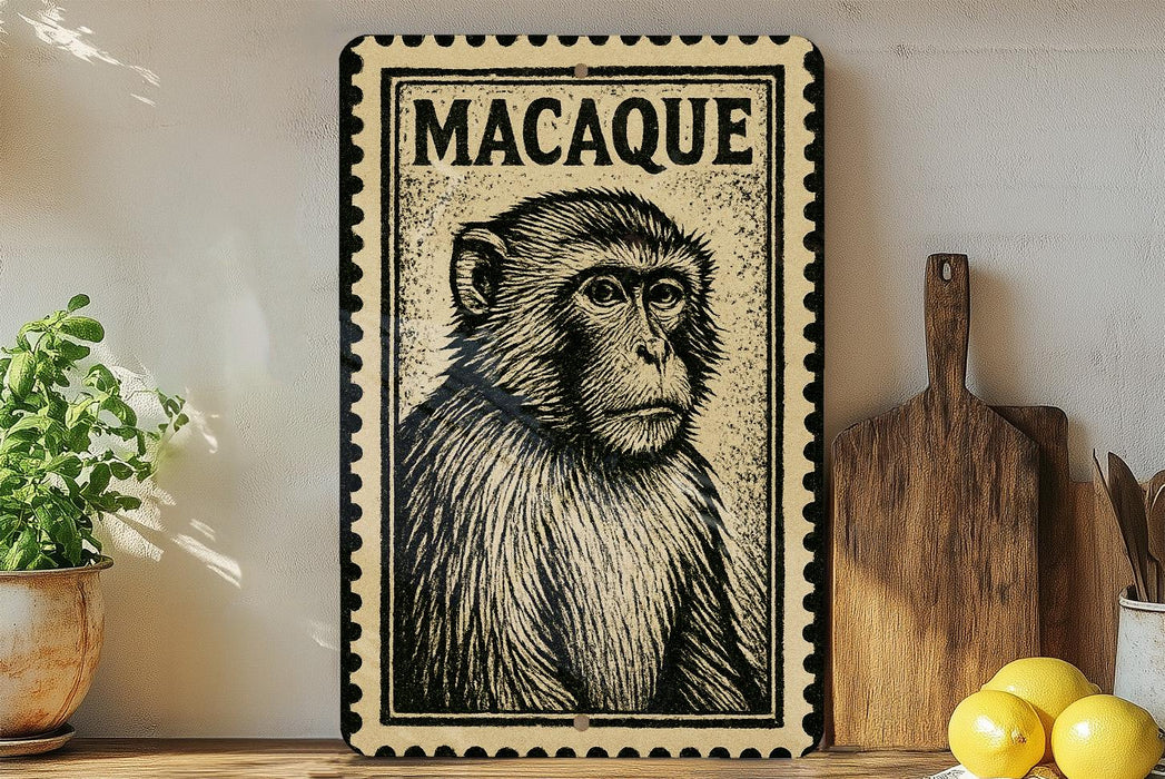 a framed illustration of a monkey on a shelf, with a potted plant to the left and a wooden cutting board to the right.