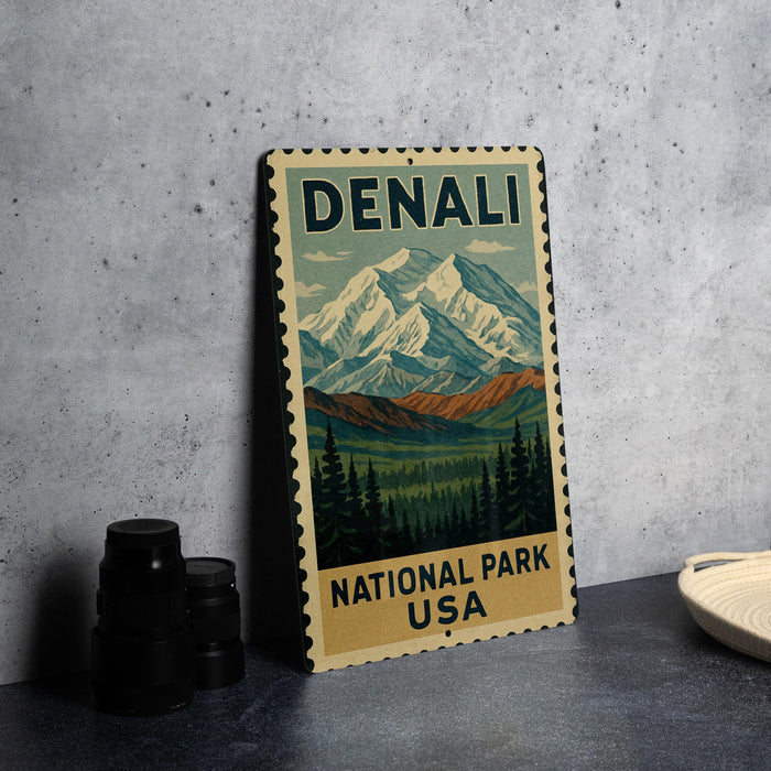 A metal sign with a mountain landscape and pine trees, featuring the text "DENALI NATIONAL PARK USA".