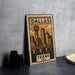 A metal sign with a stylized illustration of the Dallas skyline and the text "DALLAS TEXAS USA" is displayed on a table.