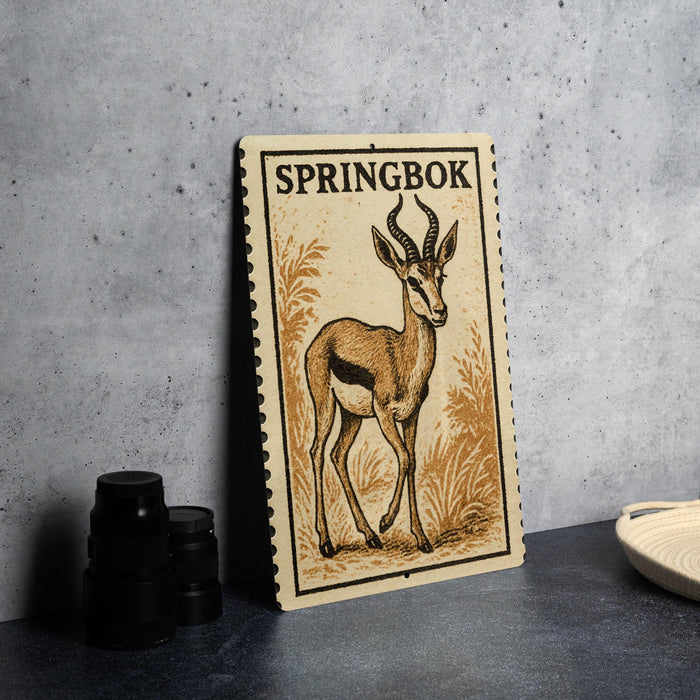 A wooden postcard featuring an illustration of a gazelle, with the word "Springbok" written on it, is displayed on a table next to some black camera lenses.