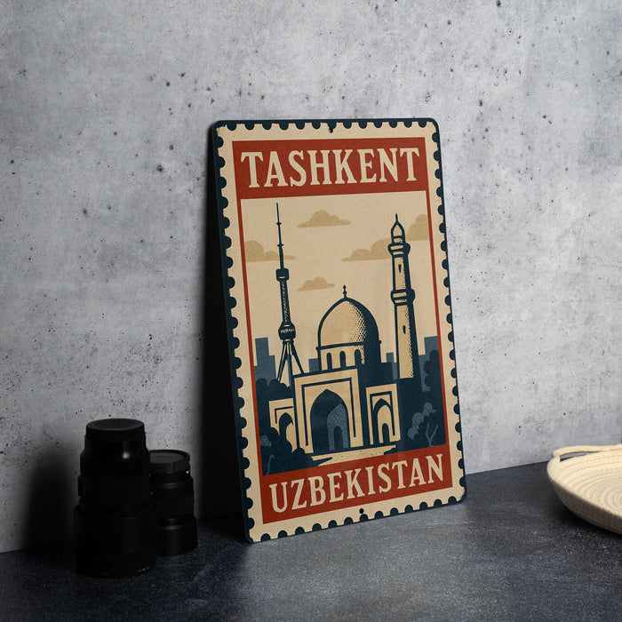 A metal sign with the text "Tashkent Uzbekistan" and an illustration of a city skyline, including a tall tower and domed buildings.