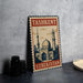 A metal sign with the text "Tashkent Uzbekistan" and an illustration of a city skyline, including a tall tower and domed buildings.