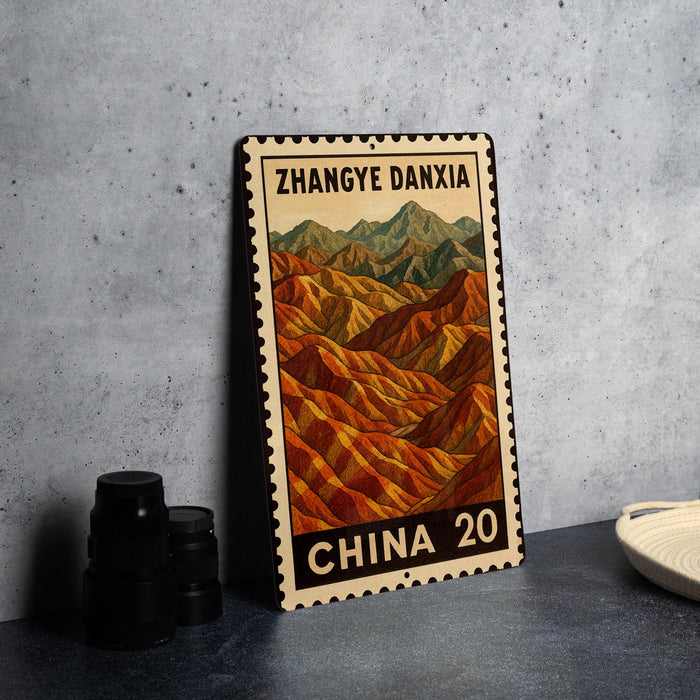 A metal stamp with a mountain landscape design, featuring the text "Zhangye Dania" and "CHINA 20".