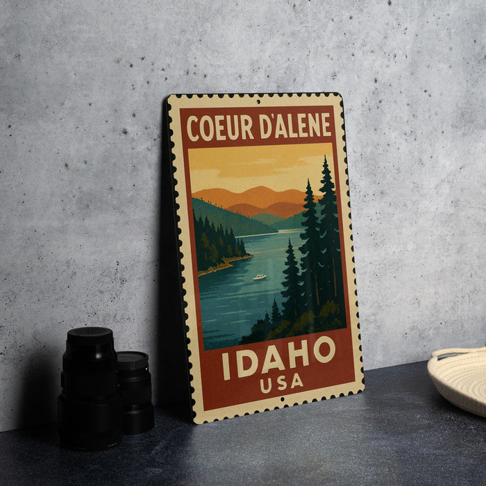A metal sign with a vintage-style illustration of a scenic landscape, featuring a river, mountains, and pine trees, is displayed on a gray countertop.