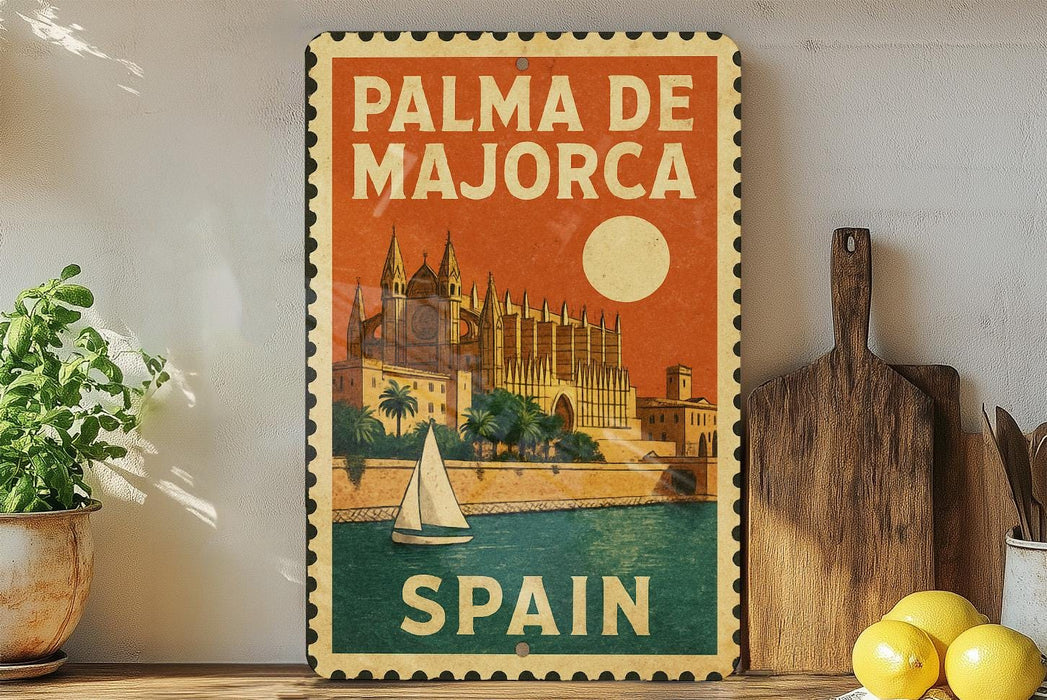 A vintage-style metal sign with the text "PALMA DE MAJORCA" and "SPAIN" printed on it, featuring an illustration of a castle and a sailboat. The sign is displayed on a shelf next to a wooden cutting board and a potted plant.