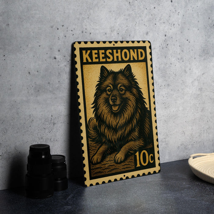 A metal sign with a dog illustration and the text "Keeshond" printed on it, placed on a table next to some black camera lenses.