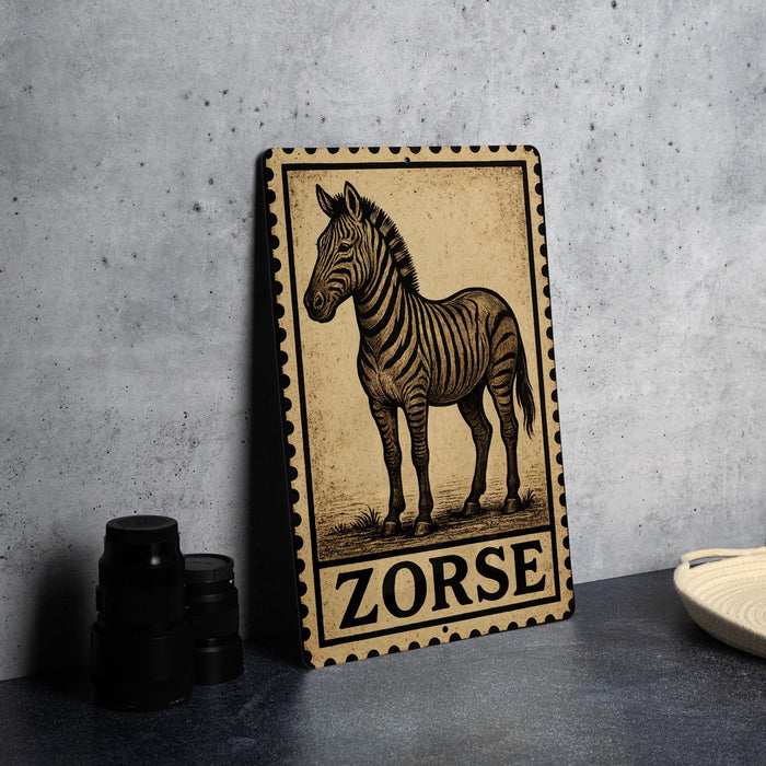 A metal sign featuring a zebra illustration is displayed on a table, with a stack of black camera lenses and a white dish visible to the side.