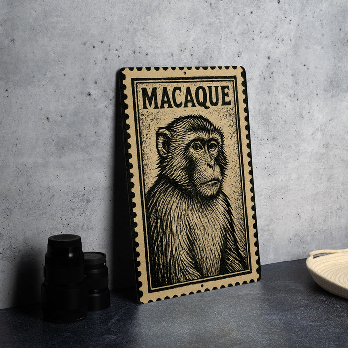 A framed illustration of a monkey is displayed on a wall, with a stamp-like border.