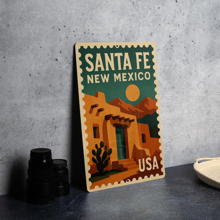 A vintage-style postage stamp depicting Santa Fe, New Mexico, with a desert landscape and a cactus in the foreground.