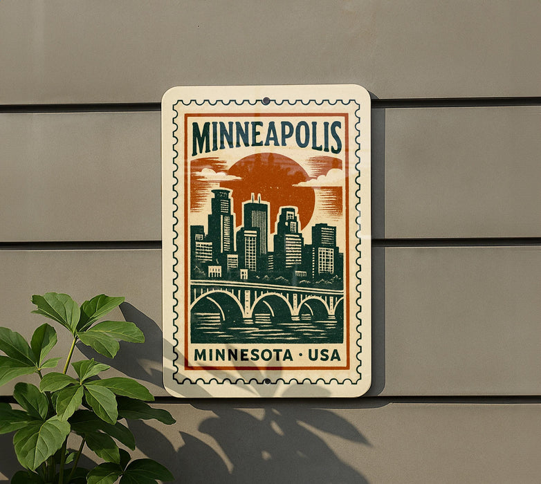 A Minnesota, USA postage stamp featuring a cityscape with a bridge and sun in the background, mounted on a wall next to a plant.