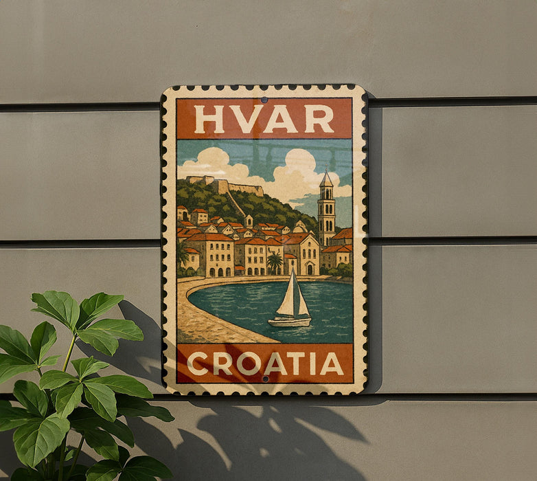 A vintage-style sign depicting a coastal town in Croatia, with a sailboat on the water and buildings along the shore.