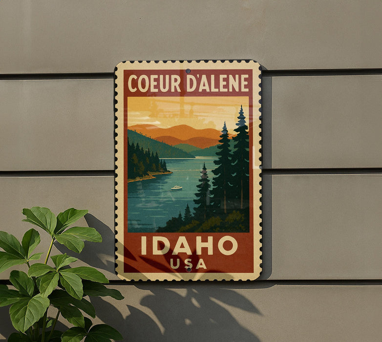 A vintage-style metal sign with a scenic landscape of a lake, mountains, and pine trees, mounted on a wall.