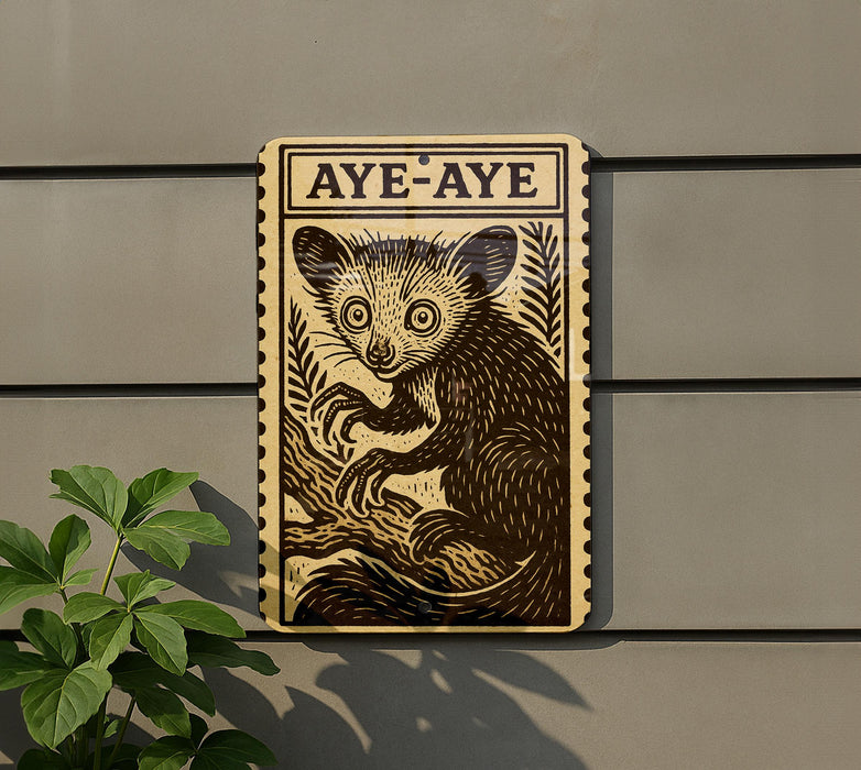 a wooden sign with a picture of a lemur, which is a type of primate, mounted on a wall.