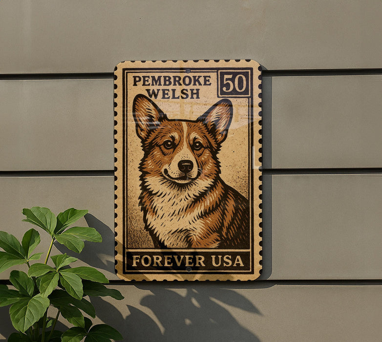 A wooden sign with a stamp-like design featuring a corgi dog, mounted on a wall next to a plant.