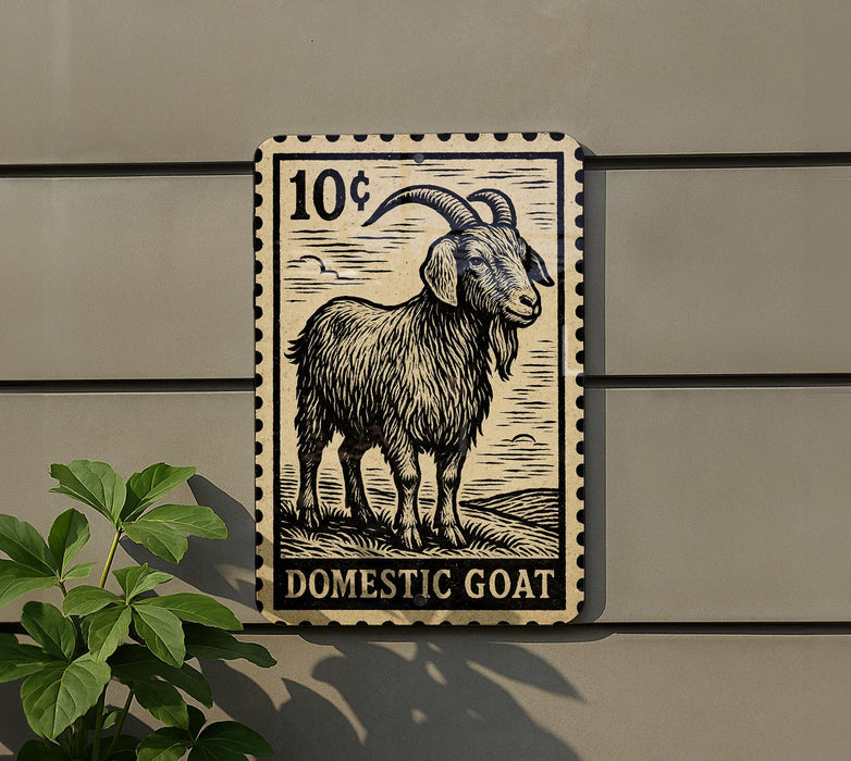 a domestic goat, which is depicted as a postage stamp-like design on a wall.