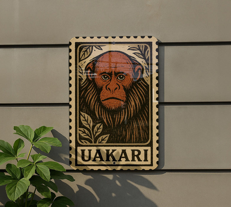 a wooden sign with a monkey illustration, mounted on a wall.