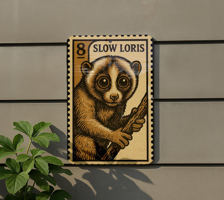 A metal sign featuring a close-up of a cute, furry animal with large eyes, resembling a koala bear, mounted on a wall.