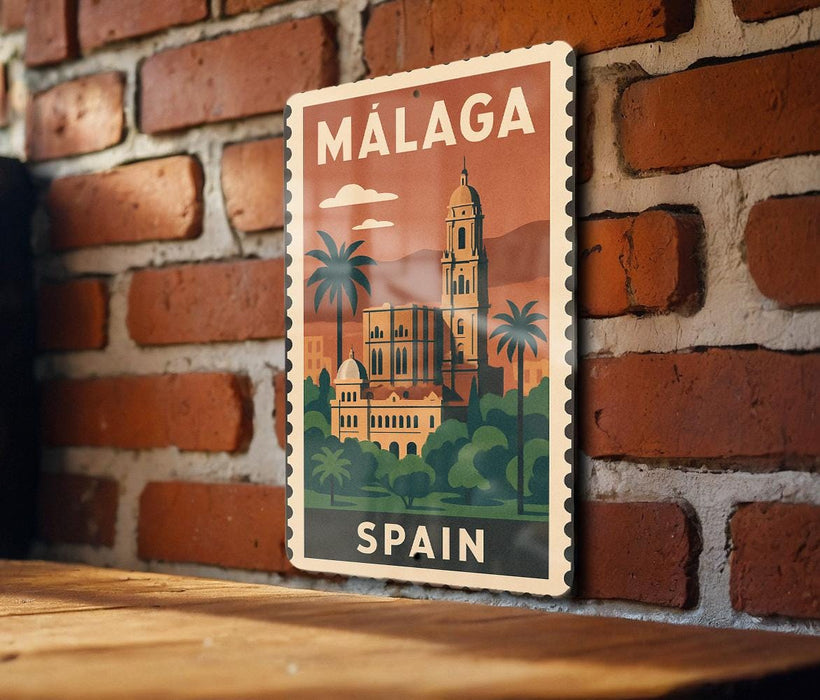 A vintage-style metal sign with the text "MALAGA" and "SPAIN" displayed on it, featuring an illustration of a building and palm trees.