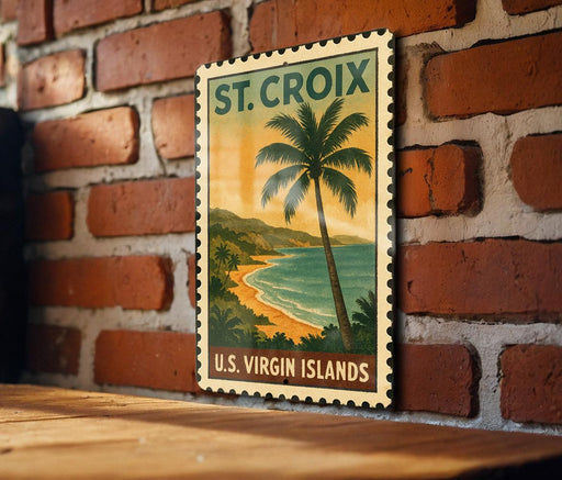 A vintage-style postage stamp depicting a tropical beach scene with palm trees and a sunset over the ocean, mounted on a brick wall.