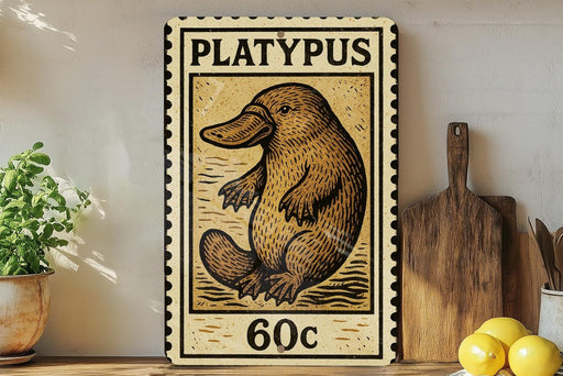 A metal stamp with a picture of a platypus and the text "PLATYPUS 60c" on it, placed on a wooden surface next to a potted plant and a wooden cutting board.