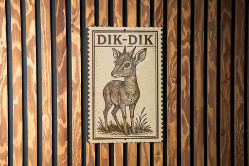 a wooden wall with a framed illustration of a deer, which is mounted on the wall.