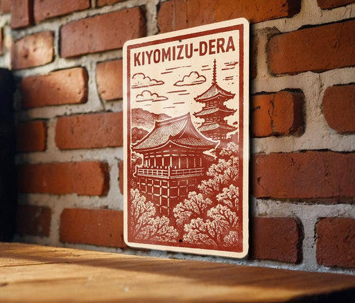 A sign featuring an illustration of a traditional Japanese temple, with the text "Kiyomizu-Dera" prominently displayed.