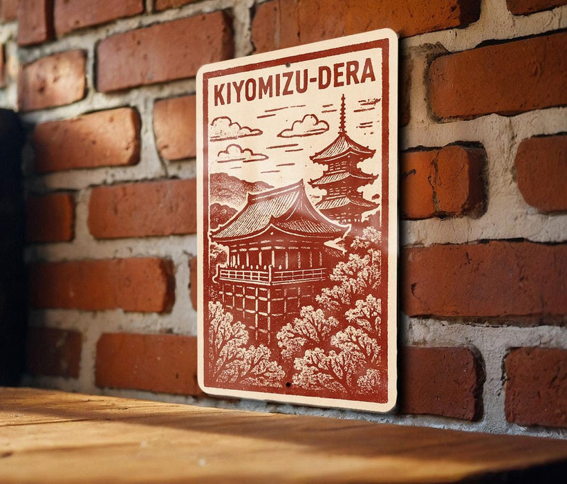 A sign featuring an illustration of a traditional Japanese temple, with the text "Kiyomizu-Dera" prominently displayed.