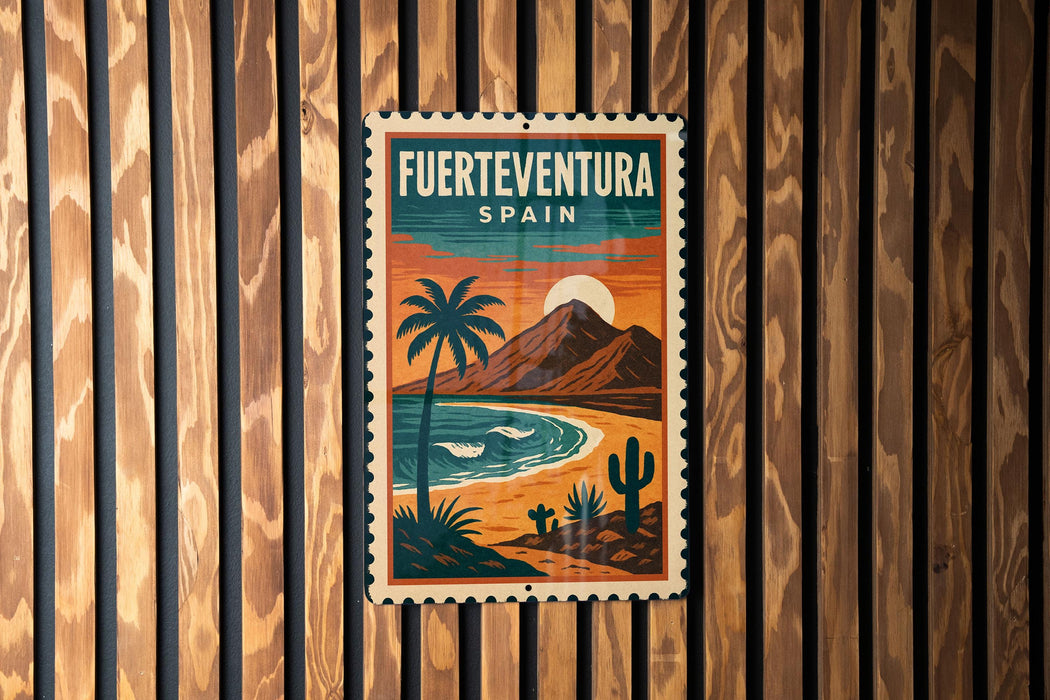 A vintage-style poster of Fuerteventura, Spain, featuring a tropical beach scene with palm trees, mountains, and a sunset.