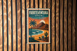 A vintage-style poster of Fuerteventura, Spain, featuring a tropical beach scene with palm trees, mountains, and a sunset.