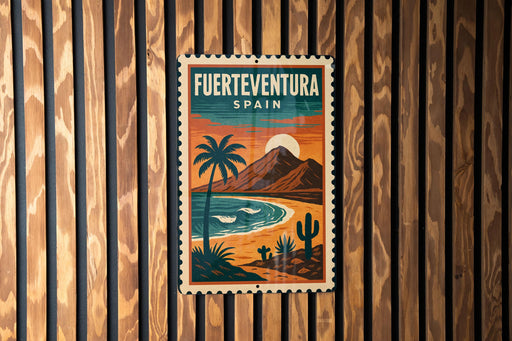 A vintage-style poster of Fuerteventura, Spain, featuring a tropical beach scene with palm trees, mountains, and a sunset.