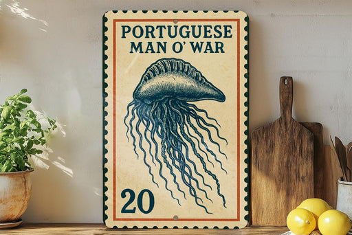 a vintage-style sign with a blue and white illustration of a jellyfish, placed on a wooden surface next to a wooden cutting board and some lemons.