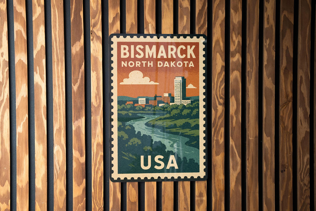 A vintage postage stamp depicting a scenic view of Bismarck, North Dakota, with a river and buildings in the background.