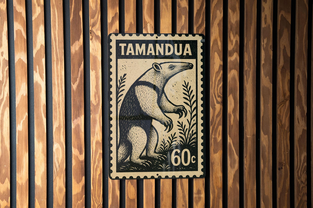 A stamp depicting an animal, likely an ant, with the text "TAMANDU" printed on it. The stamp is mounted on a wooden wall with vertical slats.