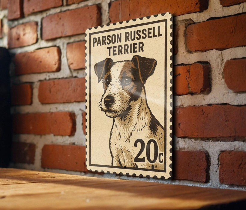 A poster of a Parson Russell Terrier dog is displayed on a brick wall.