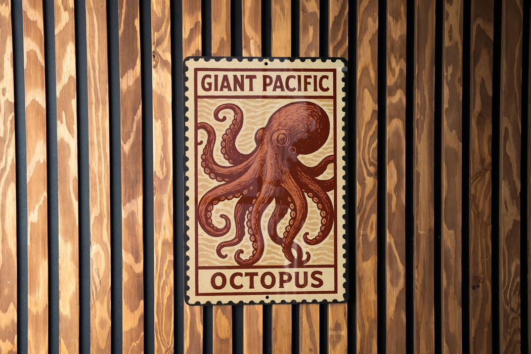 a sign with an illustration of an octopus, mounted on a wooden wall.