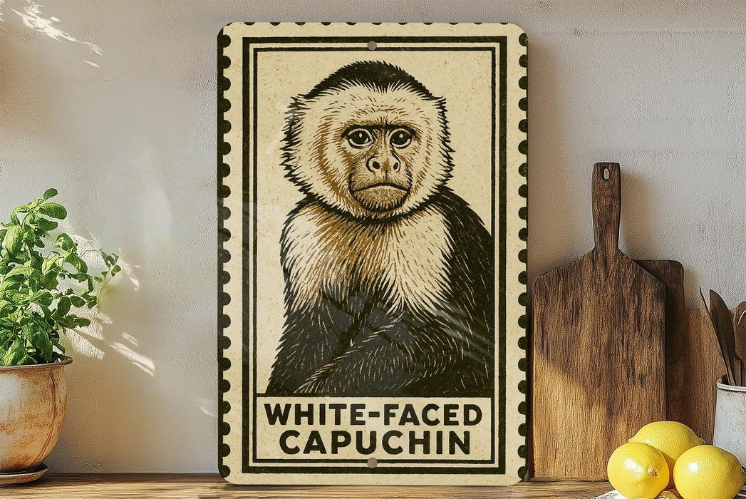 a framed illustration of a white-faced capuchin monkey, which is a type of primate, placed on a shelf next to a wooden cutting board and some lemons.