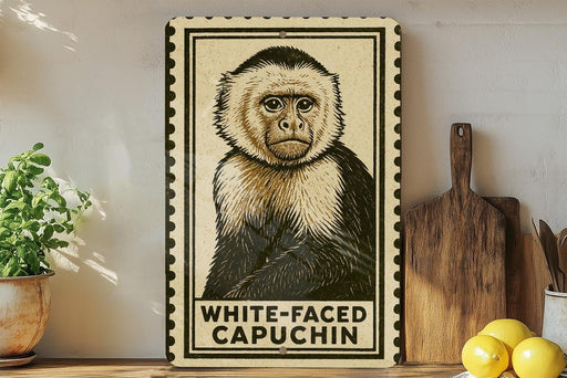 a framed illustration of a white-faced capuchin monkey, which is a type of primate, placed on a shelf next to a wooden cutting board and some lemons.
