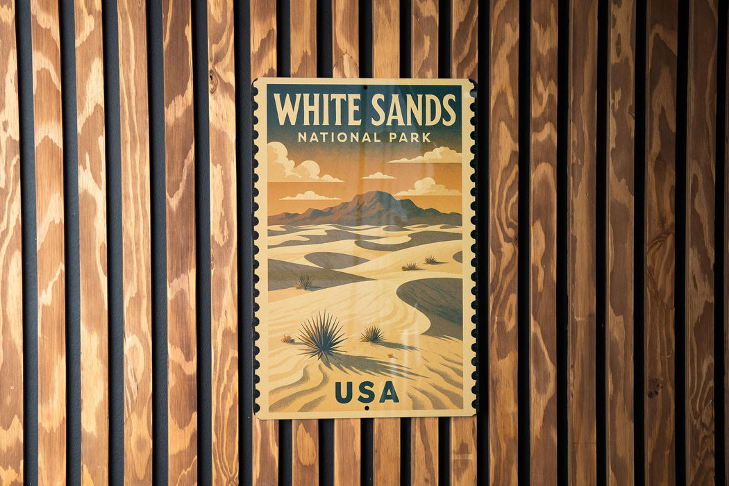 A vintage-style poster for White Sands National Park in the United States, featuring a desert landscape with mountains and a palm tree.