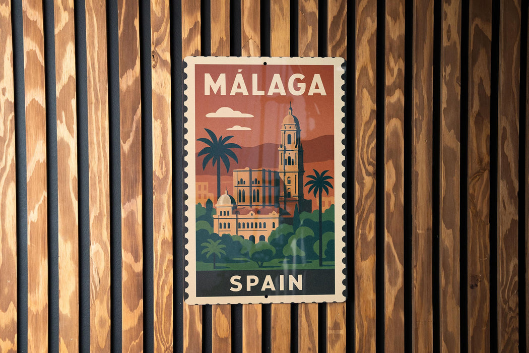 A vintage-style postage stamp from Spain featuring a building and palm trees, mounted on a wooden wall.