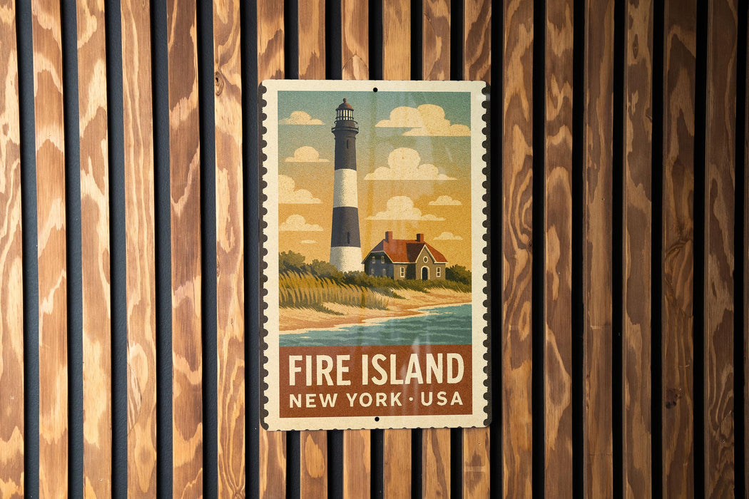 A vintage-style postage stamp depicting a lighthouse on Fire Island, New York, USA.