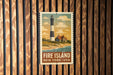 A vintage-style postage stamp depicting a lighthouse on Fire Island, New York, USA.