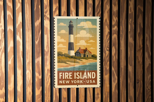 A vintage-style postage stamp depicting a lighthouse on Fire Island, New York, USA.