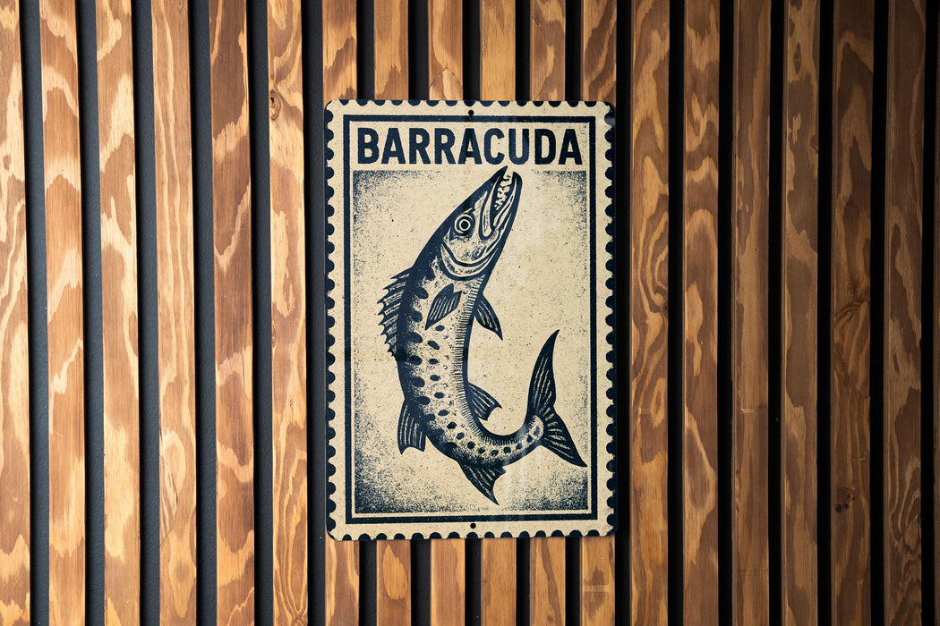 A framed image of a fish, specifically a barracuda, is displayed on a wooden wall.