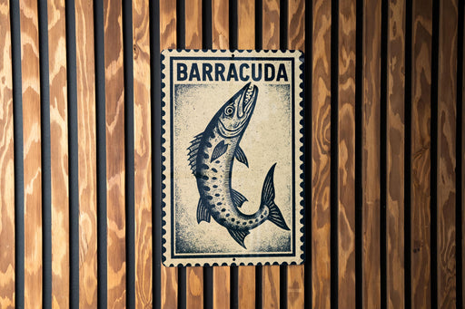 A framed image of a fish, specifically a barracuda, is displayed on a wooden wall.