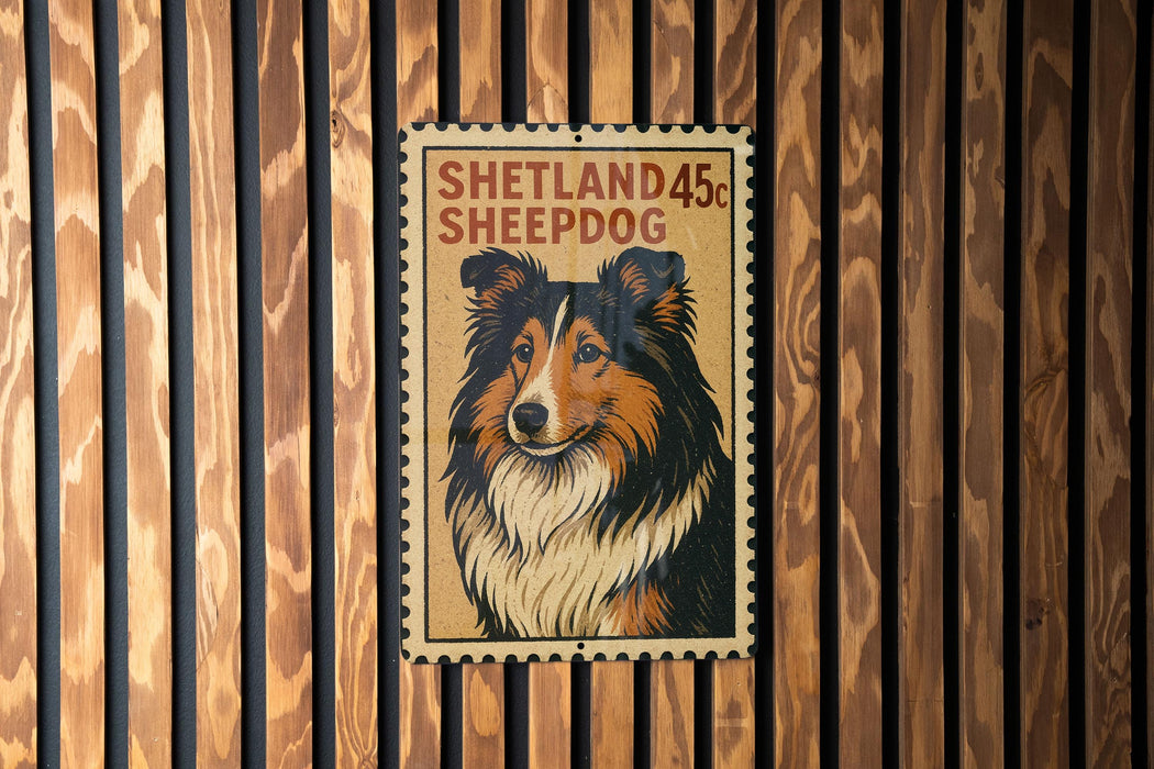 A poster of a Shetland Sheepdog is displayed on a wooden wall.